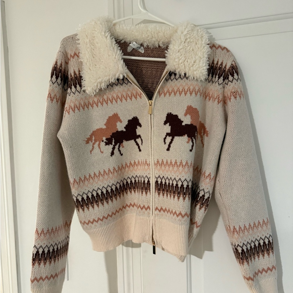 Altar'd State Beige & Brown Horse Zip-Front Cardigan with Sherpa Collar